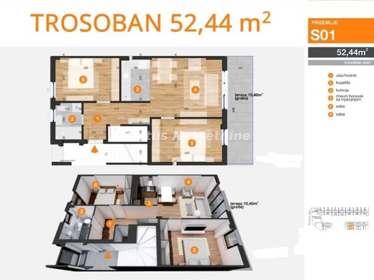 South Telep-Three-bedroom apartment 52 m2 Under Construction with Free 10m2 Terrace-VAT refund-065/385 8880