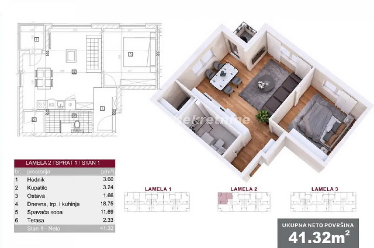 Veternik-One-and-a-half-room Apartment 41 m2 on the First Floor Under Construction-VAT Refund-065/385 8880