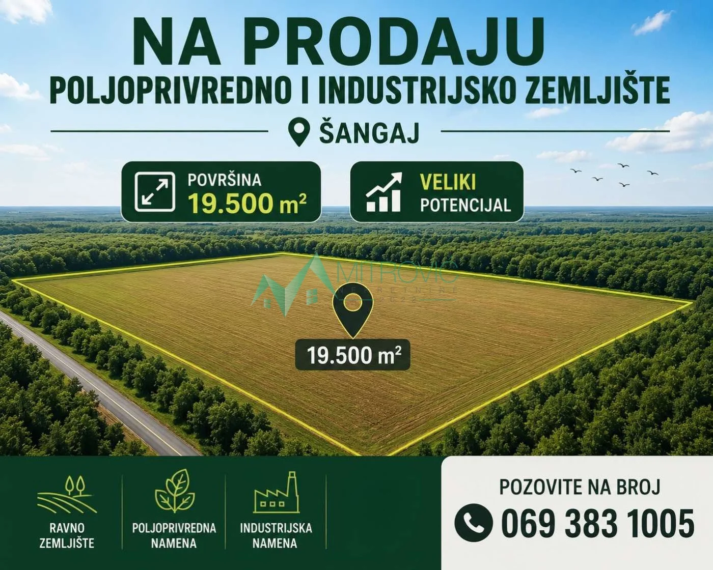 NA PRODAJU – POLJOPRIVREDNO I INDUSTRIJSKO ZEMLJIŠTE POVRŠINE 19.500 m² 