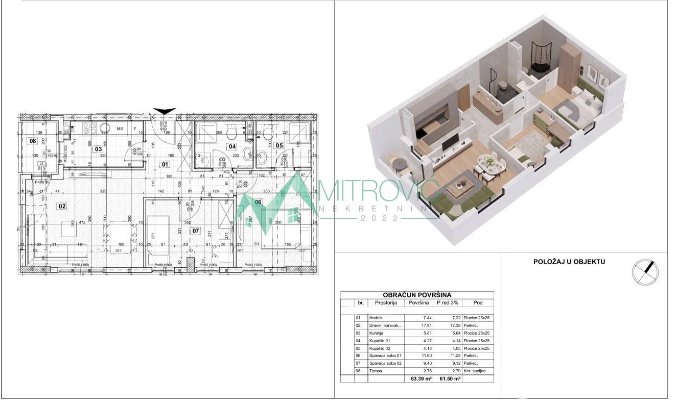Trosoban stan 63 m² – Telep (ID: 1004679) 