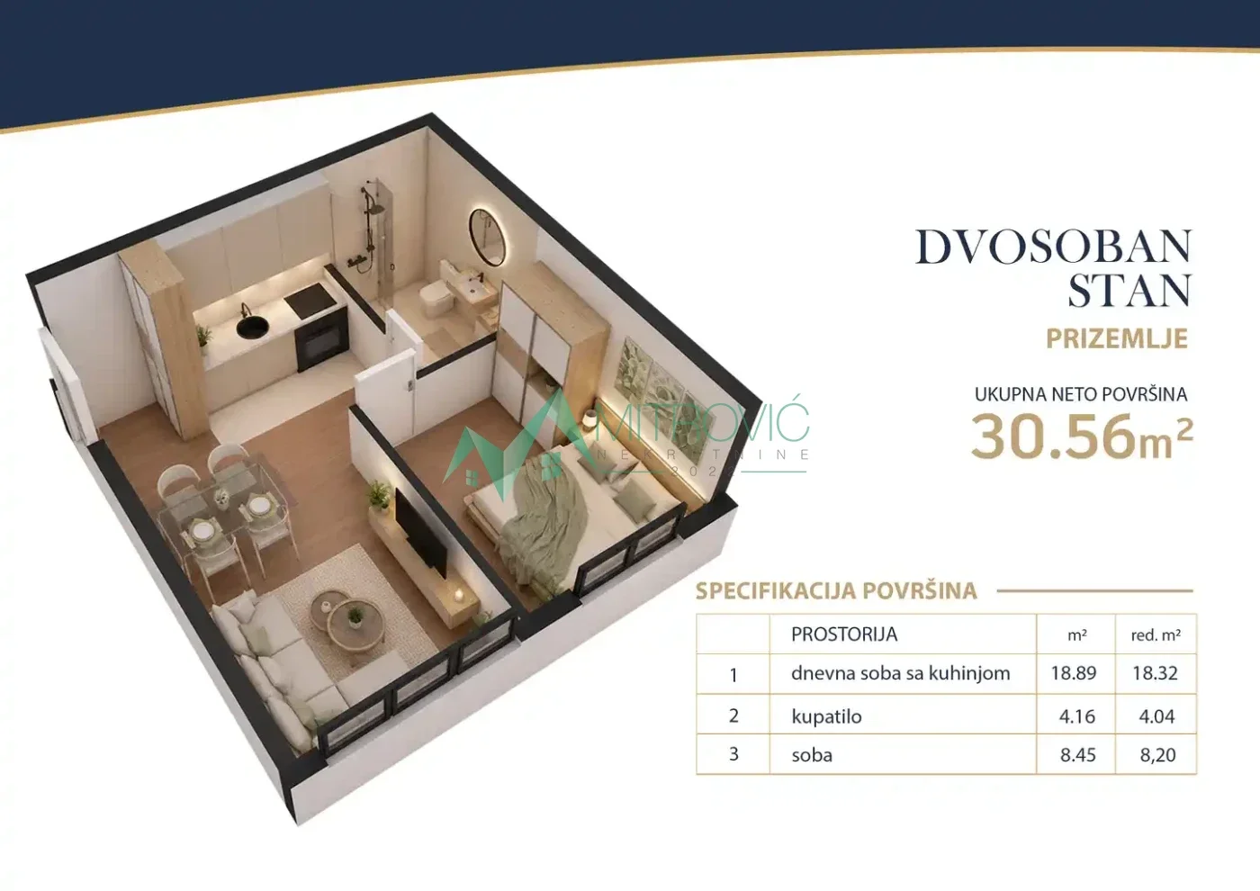 VETERNIK – DVOSOBAN STAN U PRIZEMLJU | ODVOJENA SPAVAĆA SOBA 30m2 (ID: 1004771) 